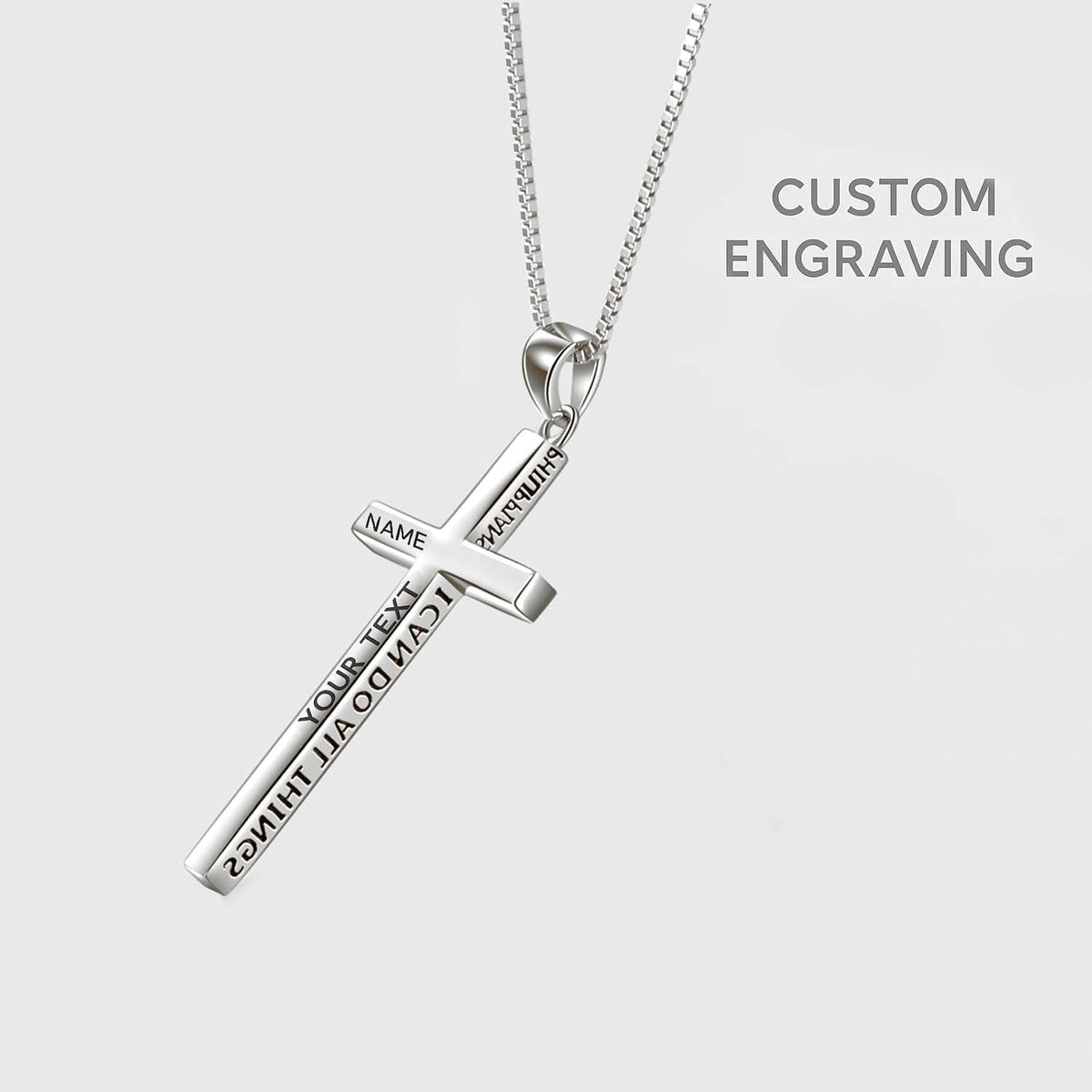 925 Sterling Silver & White Gold Plated Minimalist Cross Necklace Engraved Philippians 4:13 - 31.9mm Pendant, 20 Chain, Hypoallergenic Christian Jewelry Gift for Women
