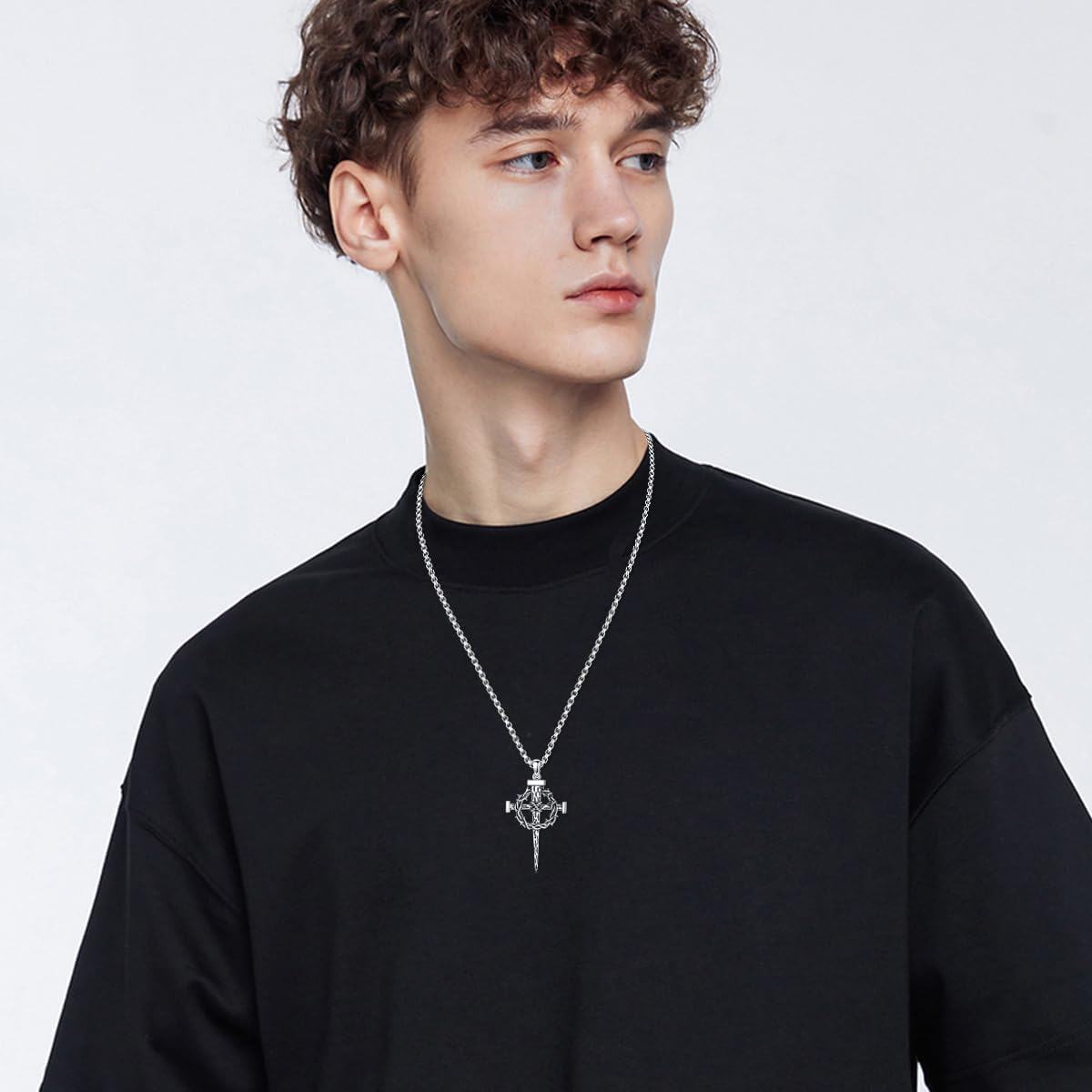 925 Sterling Silver Crown of Thorns Cross Pendant with Bible Verse Joshua 1:9 Necklace for Men Christian