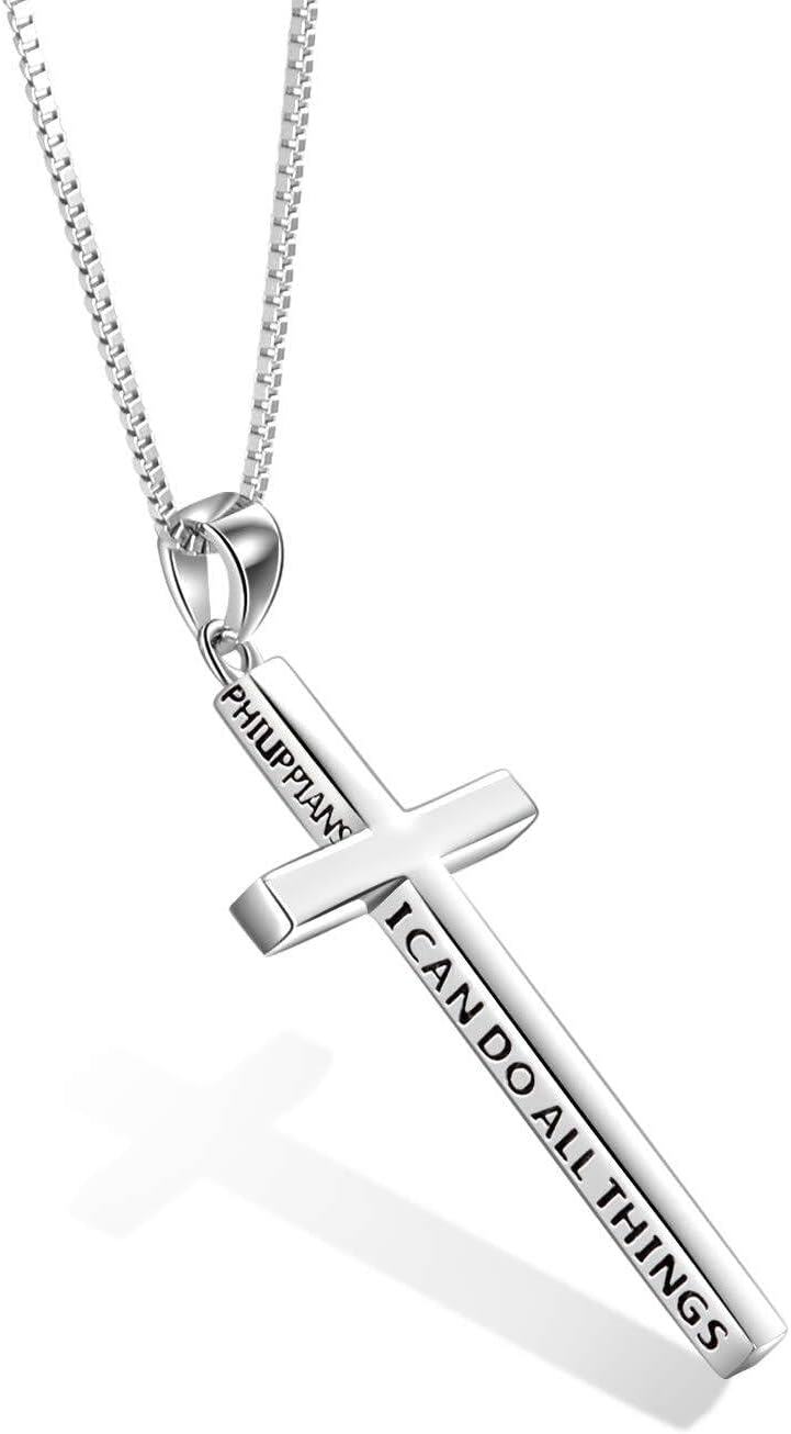 925 Sterling Silver & White Gold Plated Minimalist Cross Necklace Engraved Philippians 4:13 - 31.9mm Pendant, 20 Chain, Hypoallergenic Christian Jewelry Gift for Women