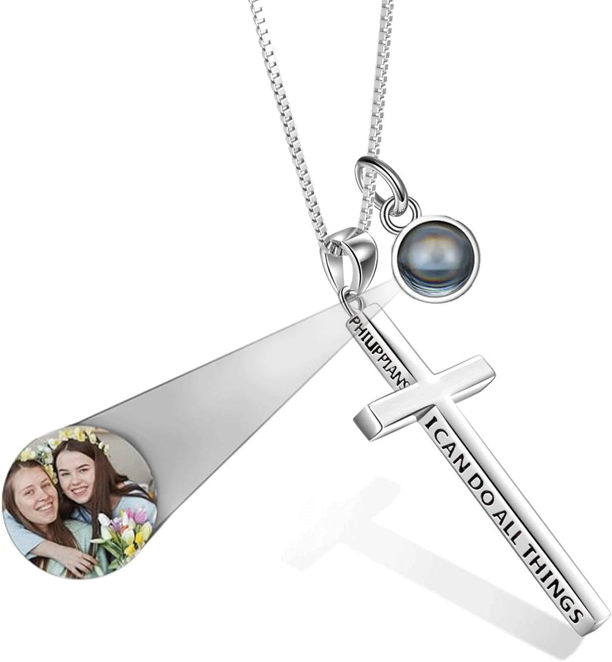 925 Sterling Silver & White Gold Plated Minimalist Cross Necklace Engraved Philippians 4:13 - 31.9mm Pendant, 20 Chain, Hypoallergenic Christian Jewelry Gift for Women