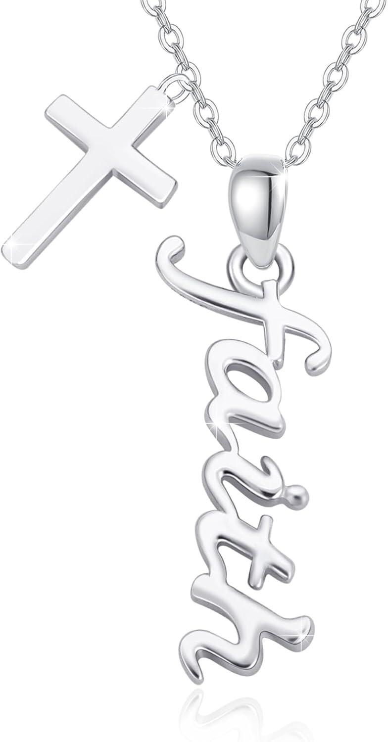 925 Sterling Silver Faith Script Cross Pendant Necklace for Women