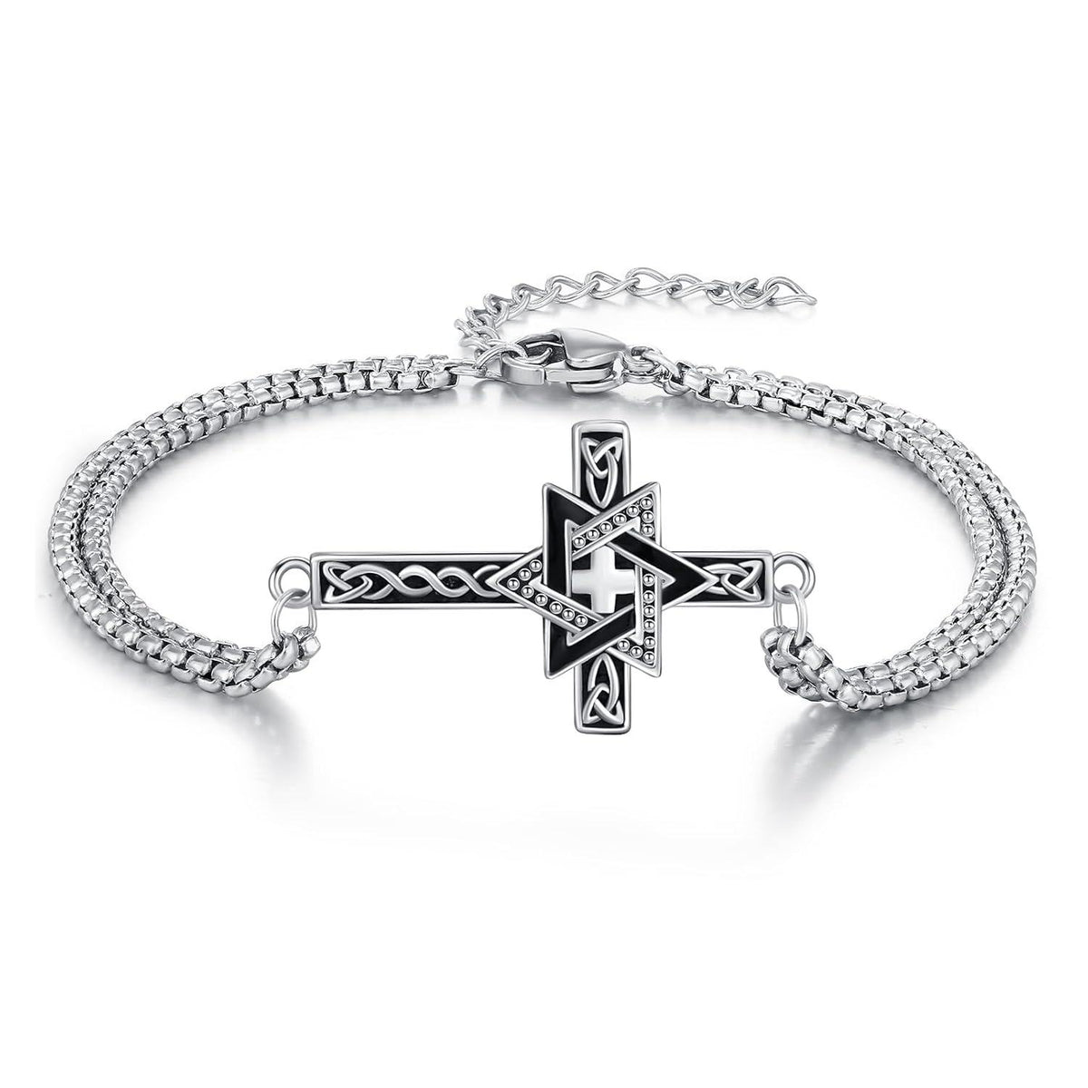 925 Sterling Silver Black Enamel Star of David Celtic Cross Charm Bracelet for Men Women