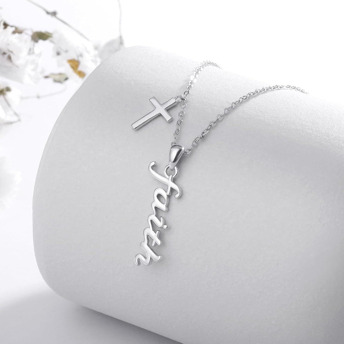 925 Sterling Silver Faith Script Cross Pendant Necklace for Women