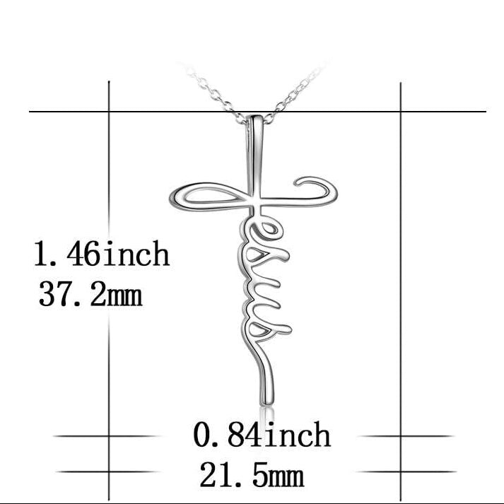 Silver 'Jesus' cross necklace with measurements on a white background