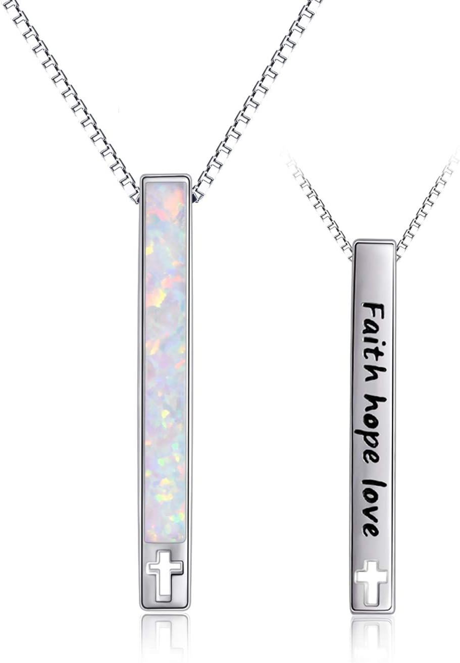 925 Sterling Silver White Opal Cross Pendant Necklace with Faith hope love Inscription and Heartbeat Design - Religious Gifts for Women