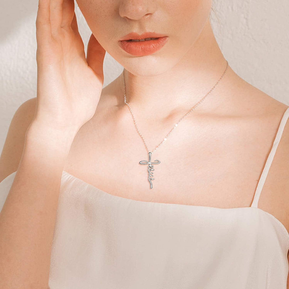 "Sterling Silver 'Jesus' script cross necklace pendant for women - The Declaration Cross by House of Poiema"