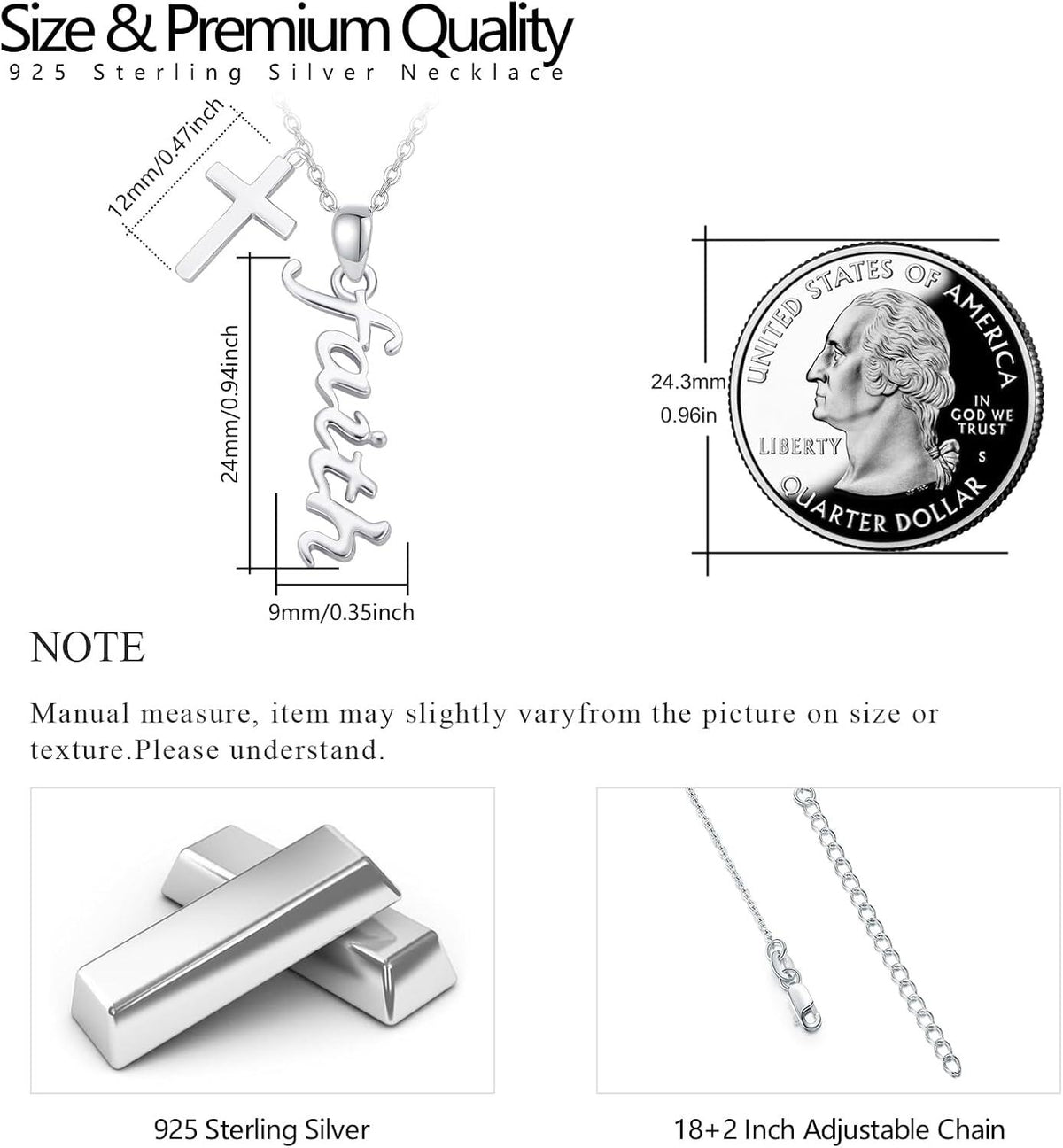 925 Sterling Silver Faith Script Cross Pendant Necklace for Women