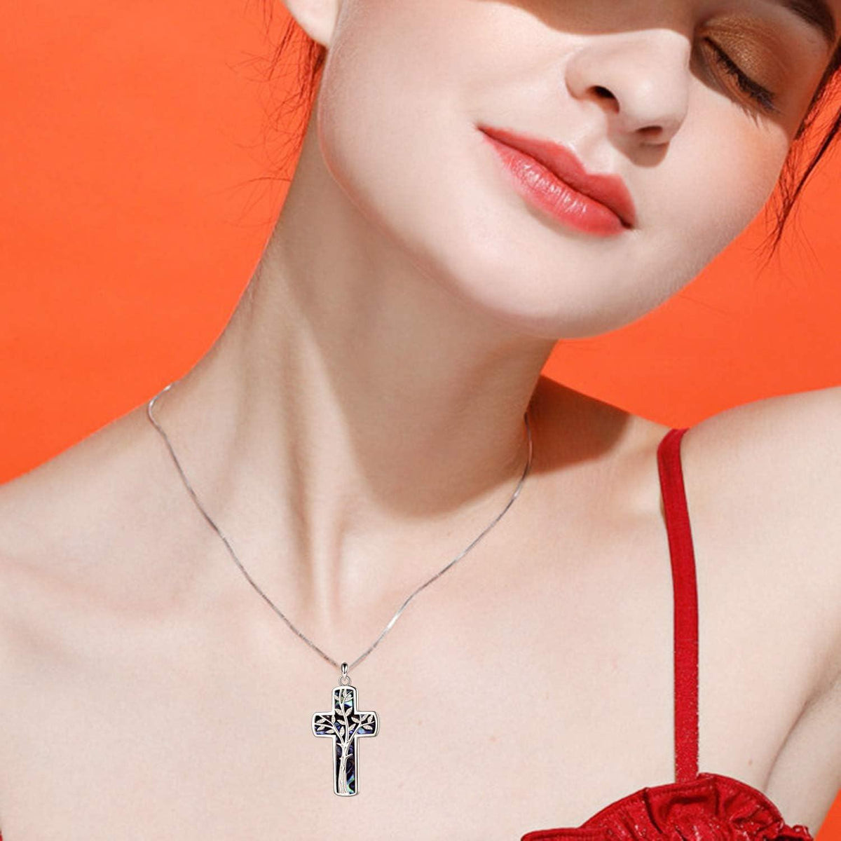 925 Sterling Silver Tree of Life Abalone Shell Inlay Cross Pendant Necklace for Women Men Christmas Gift