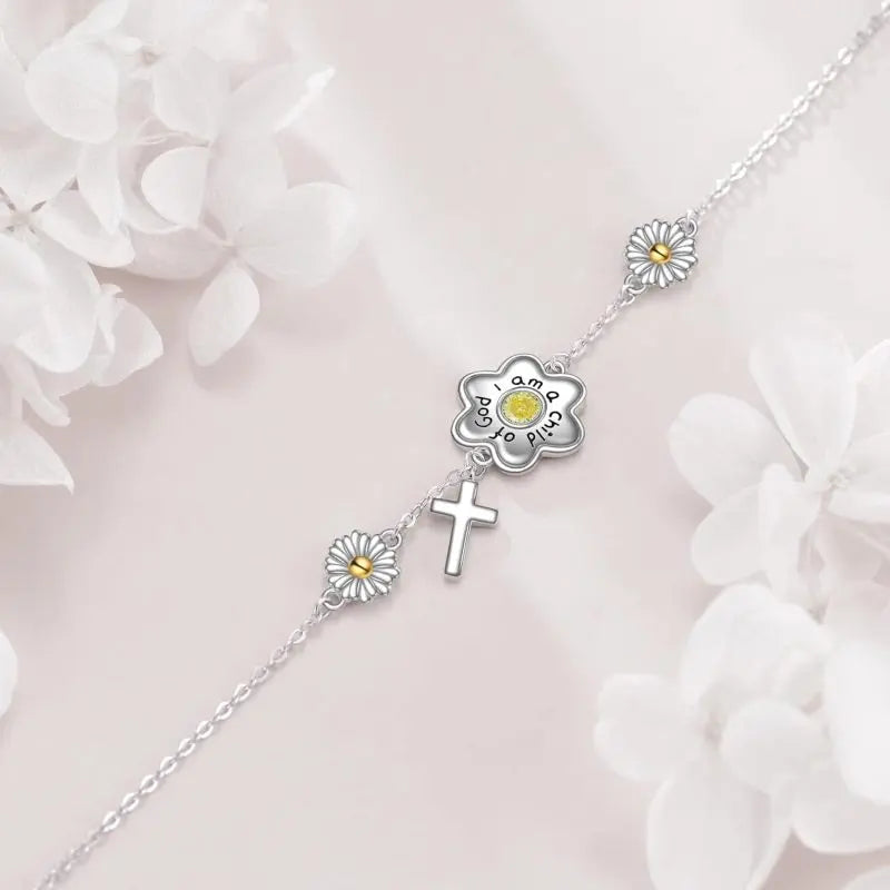 925 Sterling Silver Daisy Cross Charm Adjustable Link Chain Bracelet