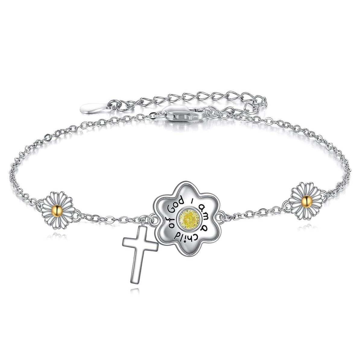 925 Sterling Silver Daisy Cross Charm Adjustable Link Chain Bracelet