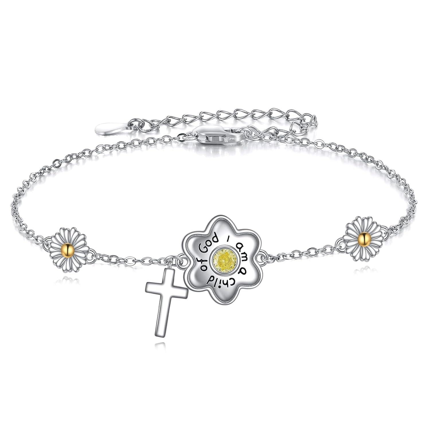925 Sterling Silver Daisy Cross Charm Adjustable Link Chain Bracelet