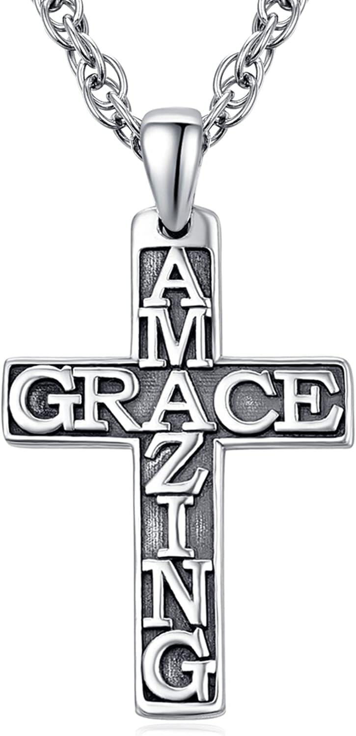 925 Sterling Silver Amazing Grace Cross Pendant Necklace  for Women and Men Christian s