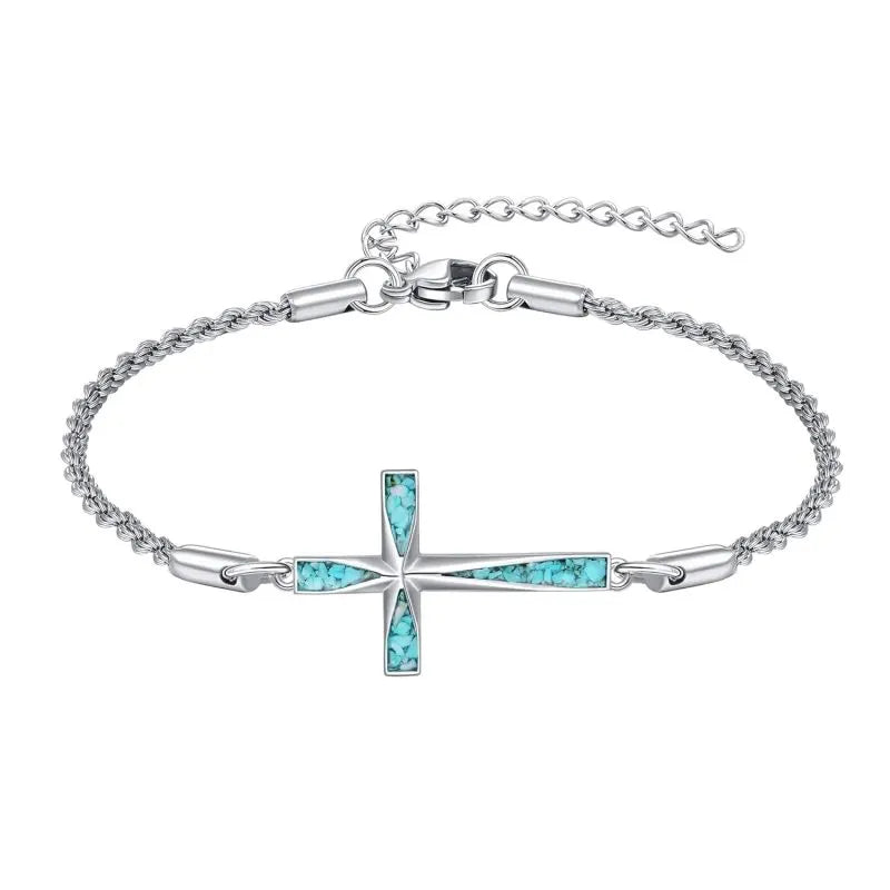 925 Sterling Silver Hammered Sideways Cross Charm Chain Bracelet s for Women and Girls