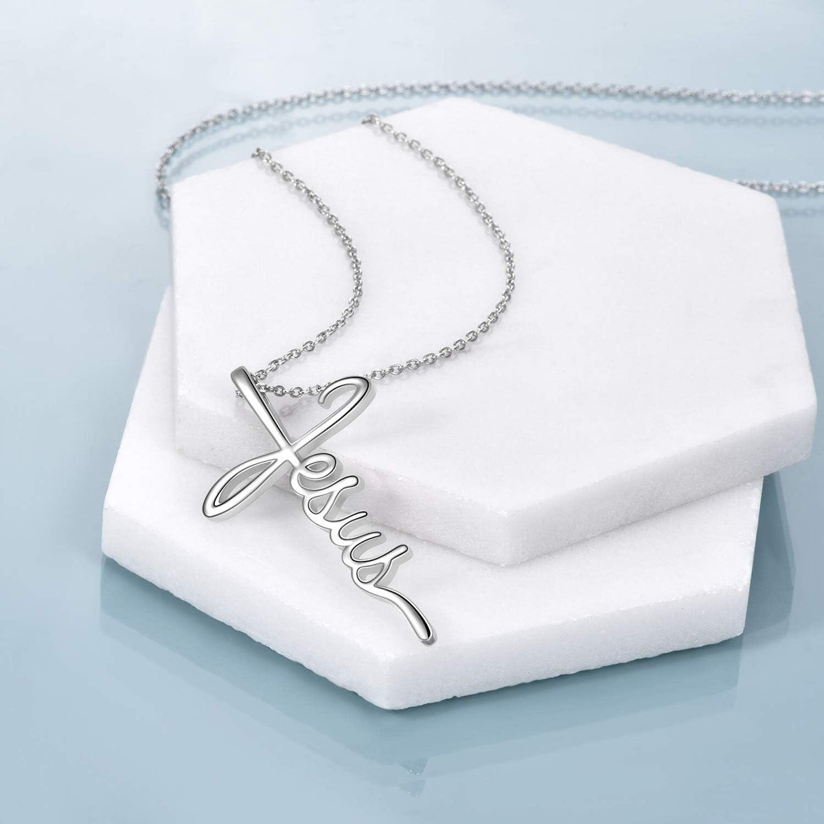 925 Sterling Silver Jesus Script Cross Pendant Necklace for Women - Christian Gifts