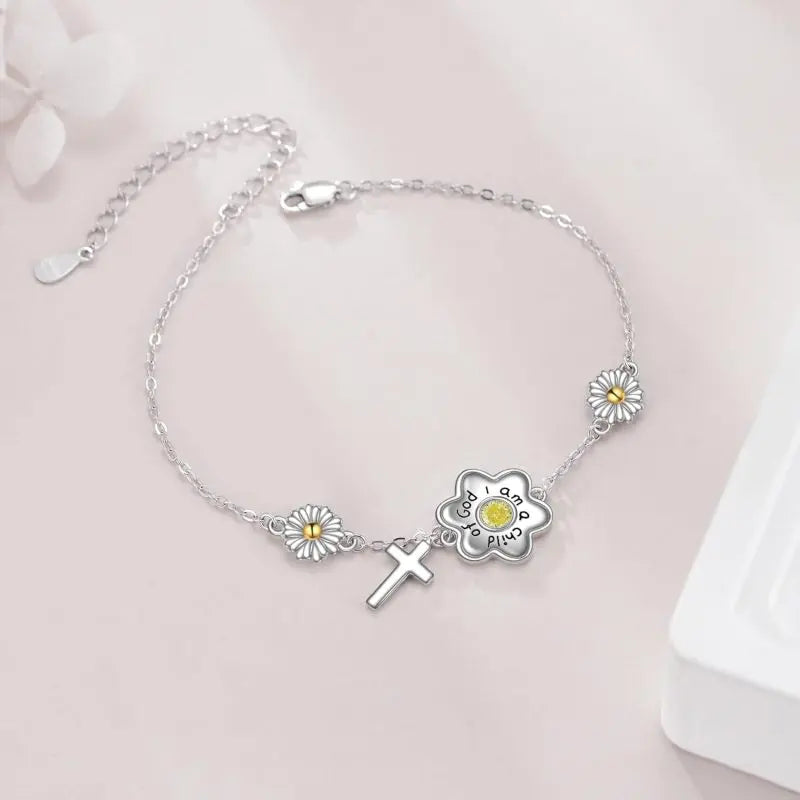 925 Sterling Silver Daisy Cross Charm Adjustable Link Chain Bracelet