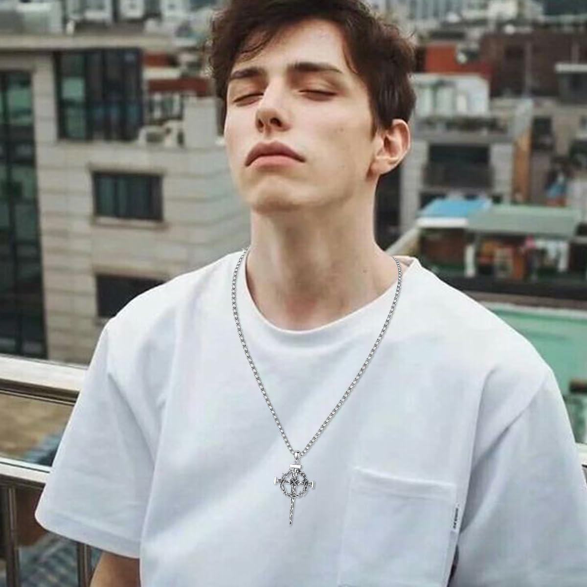 925 Sterling Silver Crown of Thorns Cross Pendant with Bible Verse Joshua 1:9 Necklace for Men Christian