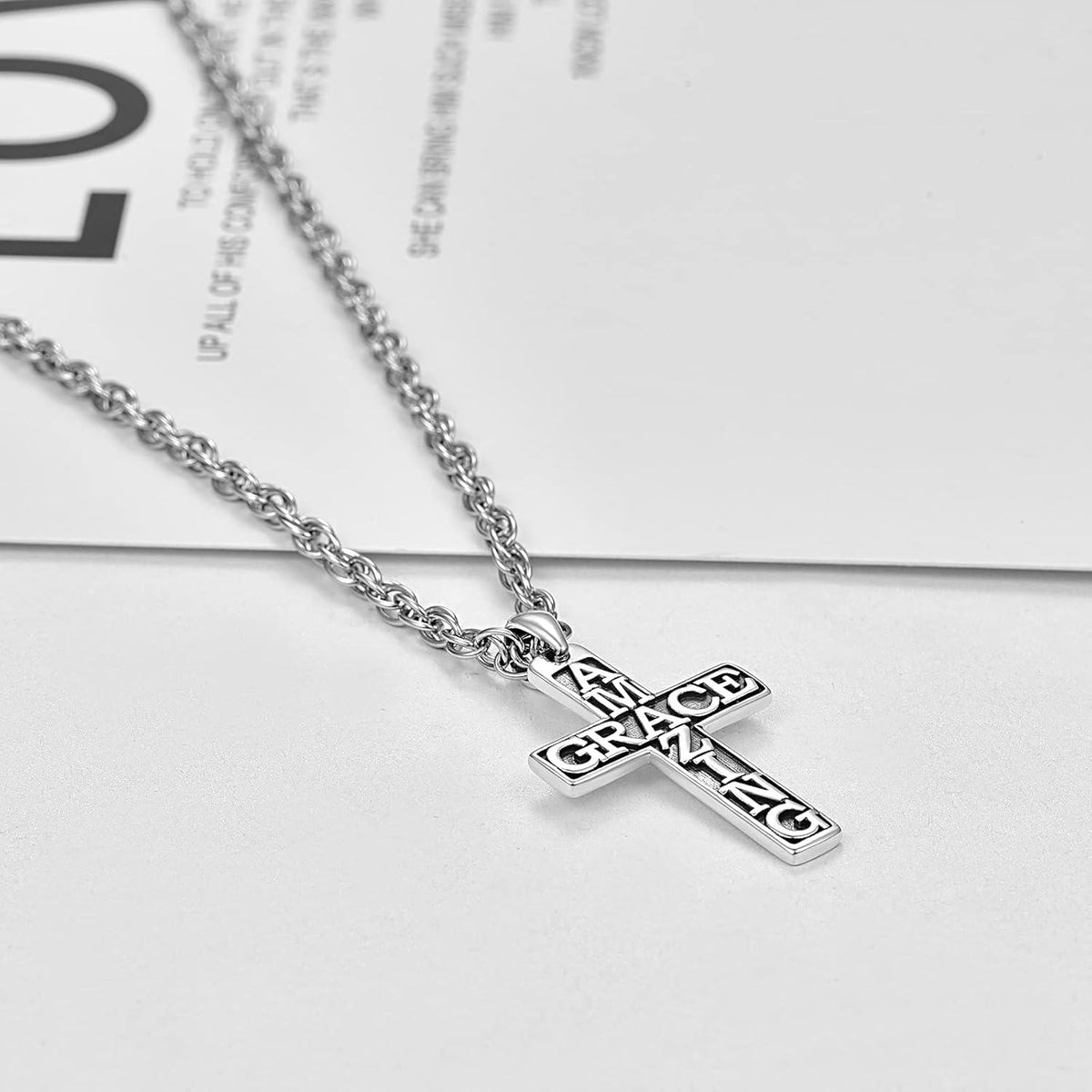 925 Sterling Silver Amazing Grace Cross Pendant Necklace  for Women and Men Christian s
