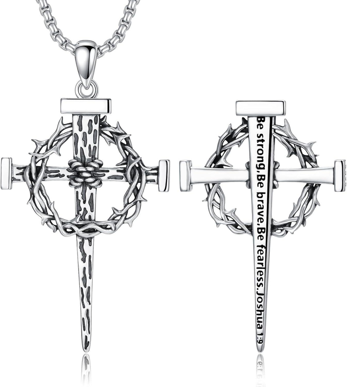 925 Sterling Silver Crown of Thorns Cross Pendant with Bible Verse Joshua 1:9 Necklace for Men Christian