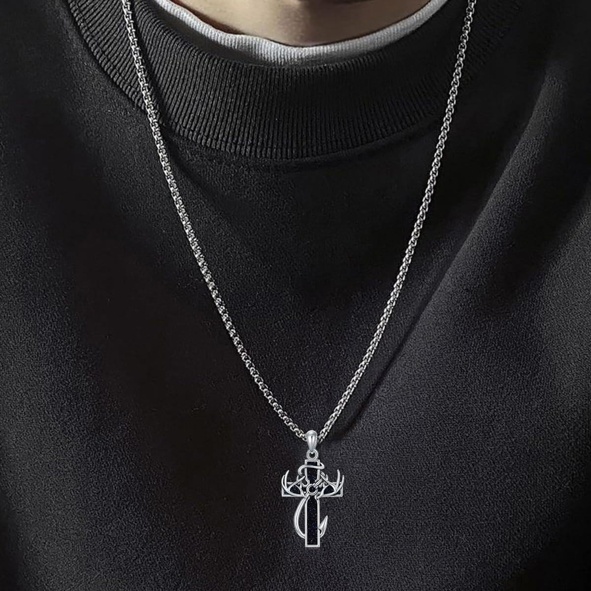 Fisher of Men Sterling Silver Cross Necklace with Antler and Fishhook Design - Christian Gift for Men