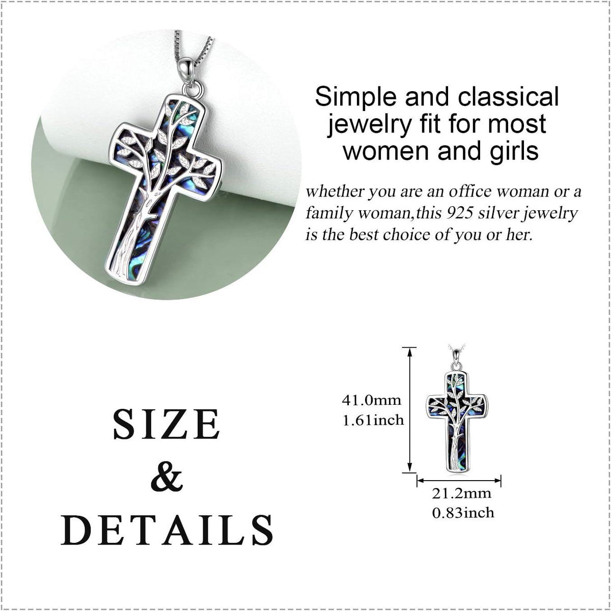 925 Sterling Silver Tree of Life Abalone Shell Inlay Cross Pendant Necklace for Women Men Christmas Gift