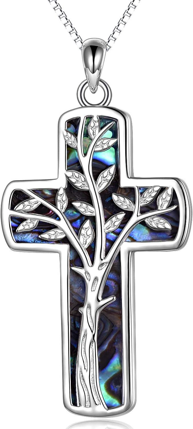 925 Sterling Silver Tree of Life Abalone Shell Inlay Cross Pendant Necklace for Women Men Christmas Gift