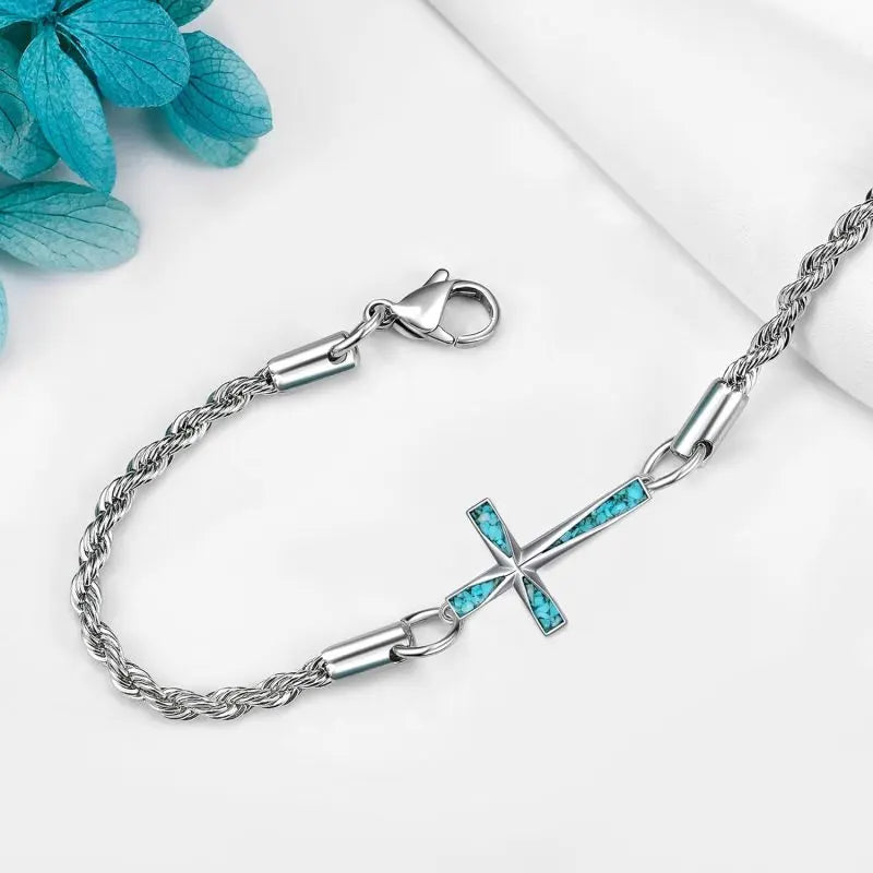 925 Sterling Silver Hammered Sideways Cross Charm Chain Bracelet s for Women and Girls
