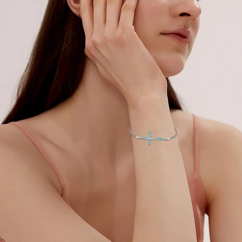 925 Sterling Silver Hammered Sideways Cross Charm Chain Bracelet s for Women and Girls