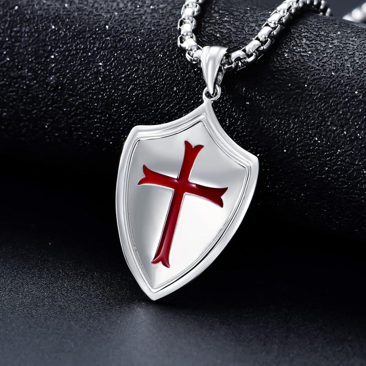 925 Sterling Silver  Knight's Templar Cross Joshua 1:9 Shield Pendant Necklace  with Red Enamel and Inspirational Verse