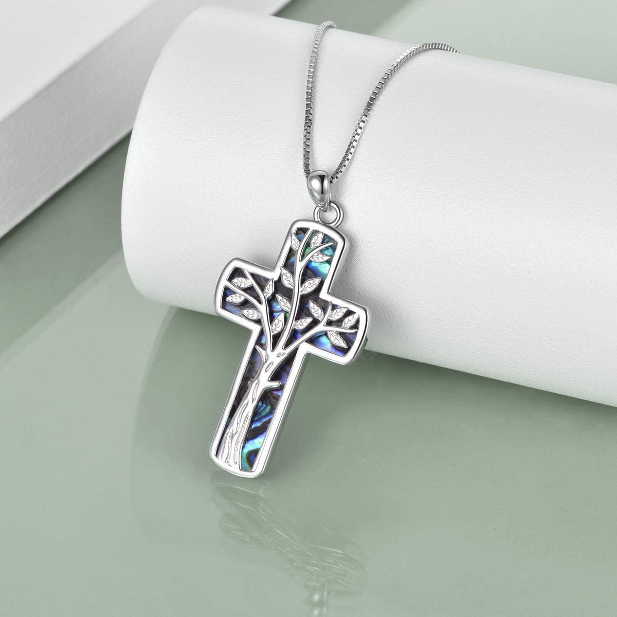 925 Sterling Silver Tree of Life Abalone Shell Inlay Cross Pendant Necklace for Women Men Christmas Gift