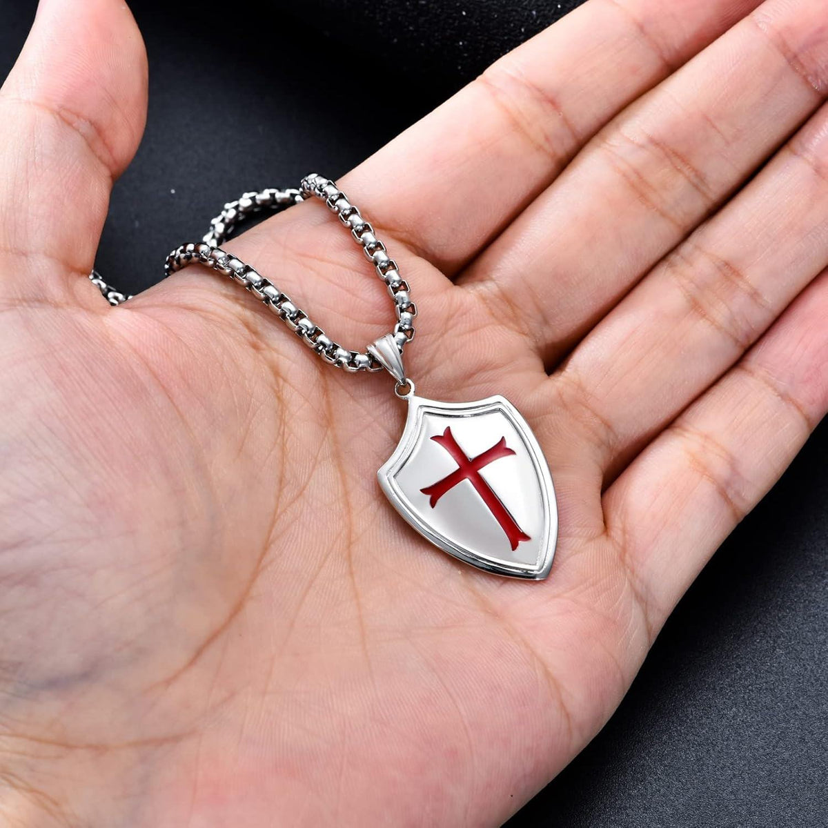 925 Sterling Silver  Knight's Templar Cross Joshua 1:9 Shield Pendant Necklace  with Red Enamel and Inspirational Verse