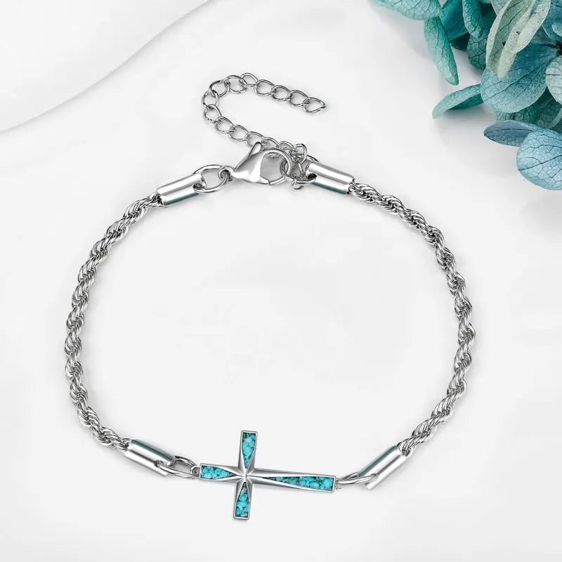 925 Sterling Silver Hammered Sideways Cross Charm Chain Bracelet s for Women and Girls