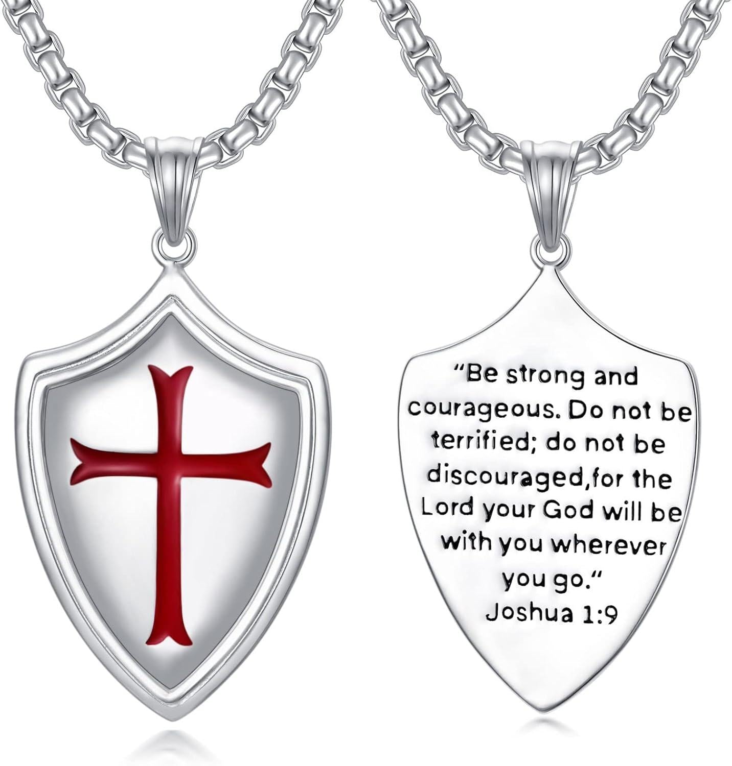 925 Sterling Silver  Knight's Templar Cross Joshua 1:9 Shield Pendant Necklace  with Red Enamel and Inspirational Verse