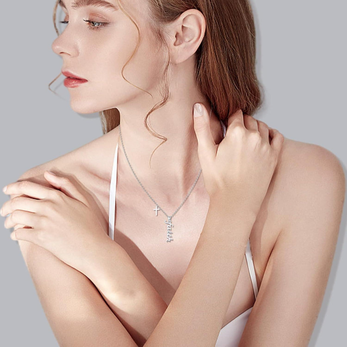 925 Sterling Silver Faith Script Cross Pendant Necklace for Women