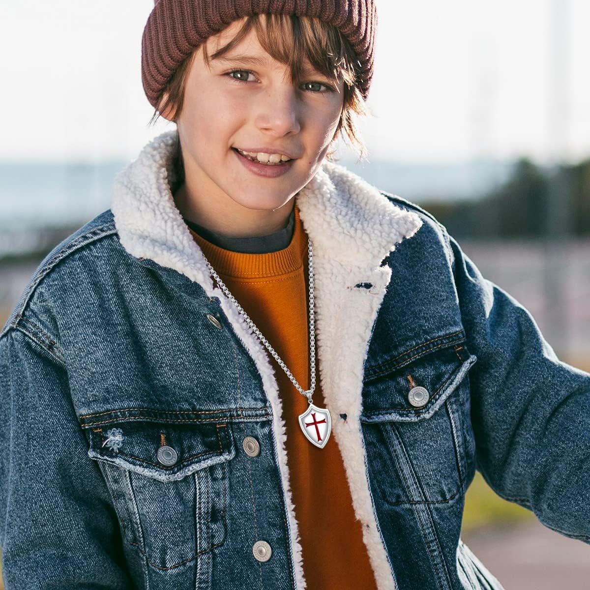 925 Sterling Silver  Knight's Templar Cross Joshua 1:9 Shield Pendant Necklace  with Red Enamel and Inspirational Verse