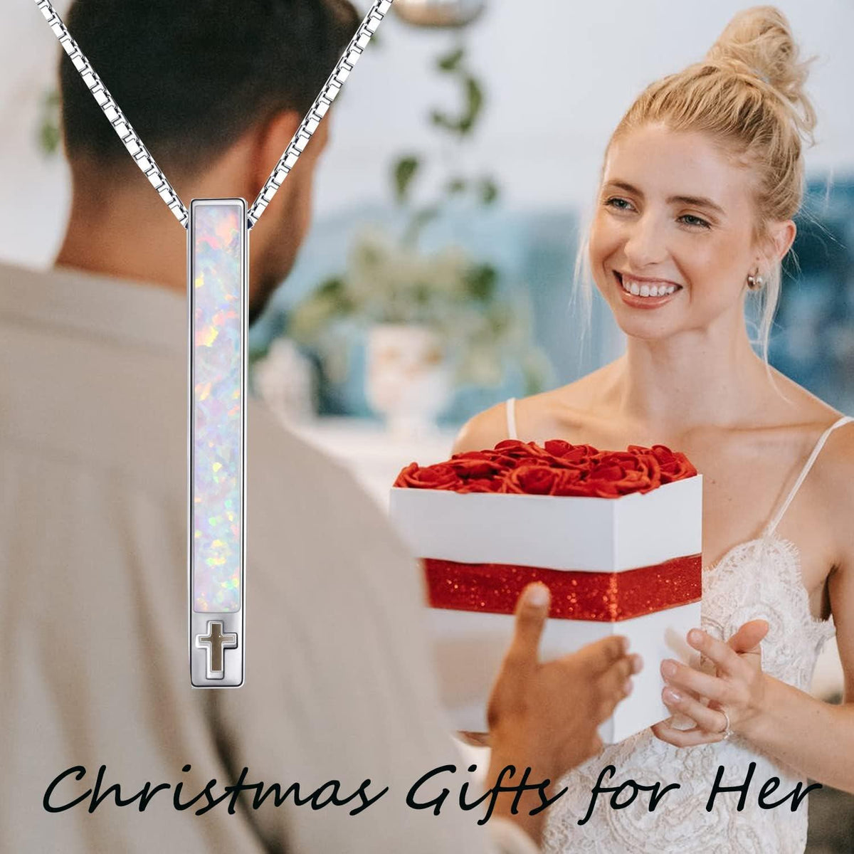 925 Sterling Silver White Opal Cross Pendant Necklace with Faith hope love Inscription and Heartbeat Design - Religious Gifts for Women