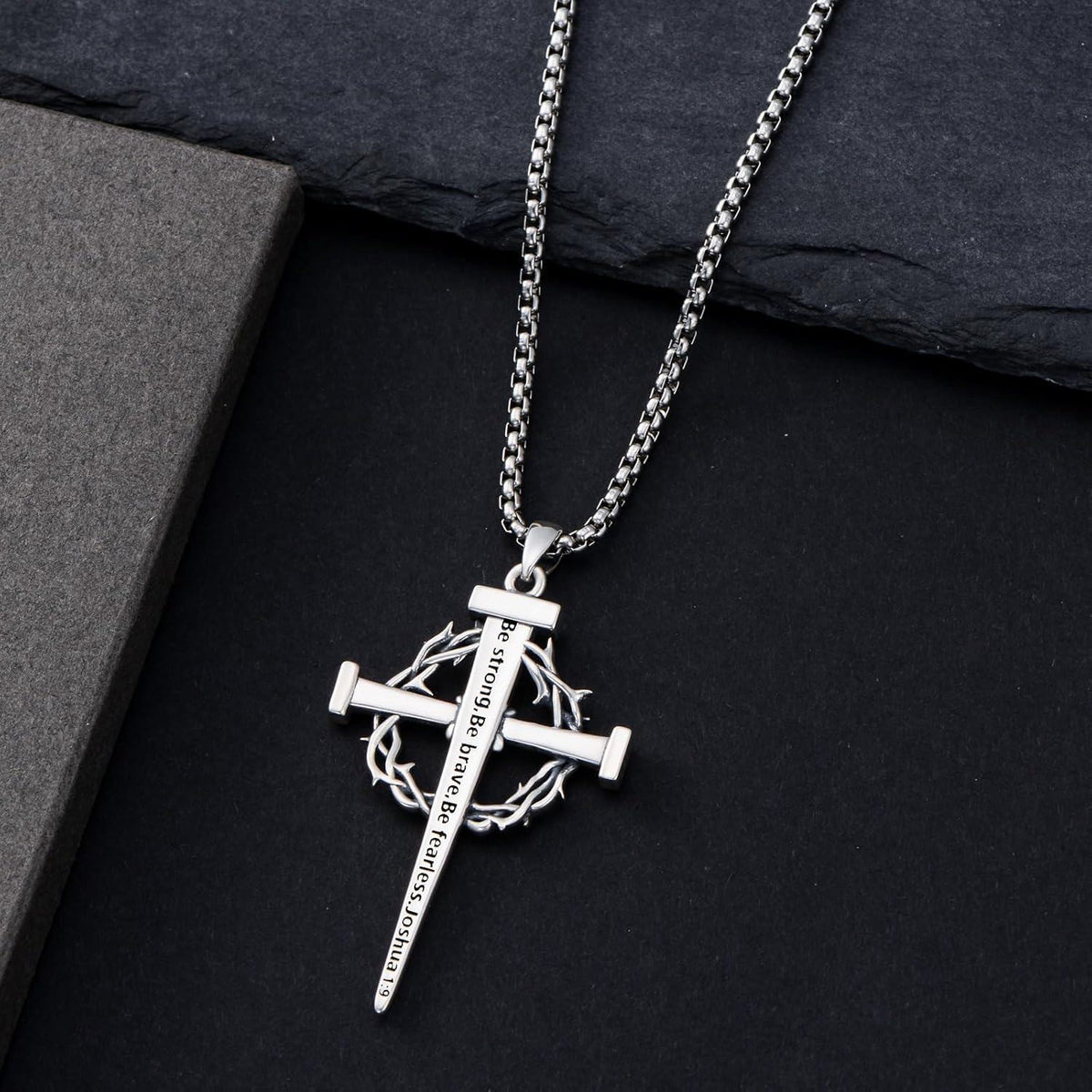 925 Sterling Silver Crown of Thorns Cross Pendant with Bible Verse Joshua 1:9 Necklace for Men Christian