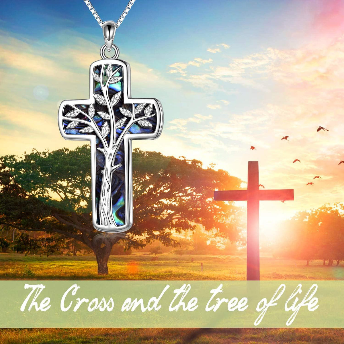 925 Sterling Silver Tree of Life Abalone Shell Inlay Cross Pendant Necklace for Women Men Christmas Gift
