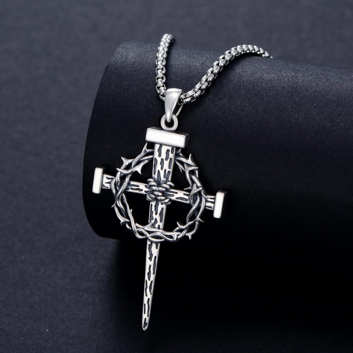 925 Sterling Silver Crown of Thorns Cross Pendant with Bible Verse Joshua 1:9 Necklace for Men Christian