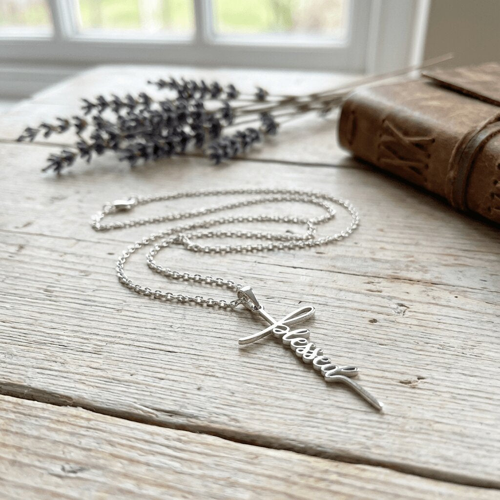 Silver necklace with a cross pendant on a wooden surface with lavender and a book.