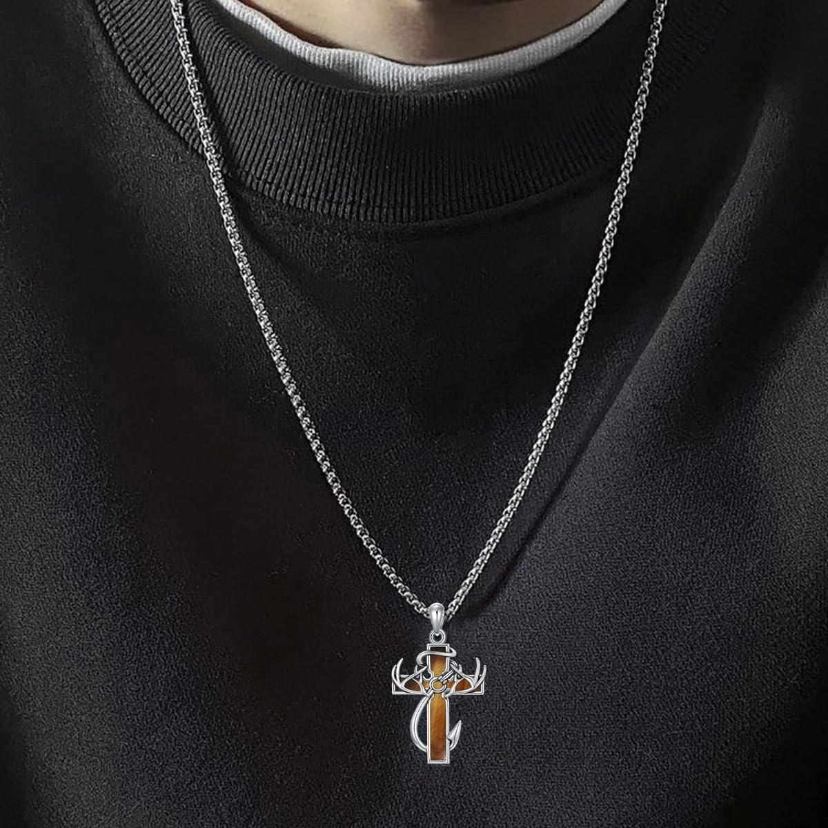 Fisher of Men Sterling Silver Cross Necklace with Antler and Fishhook Design - Christian Gift for Men
