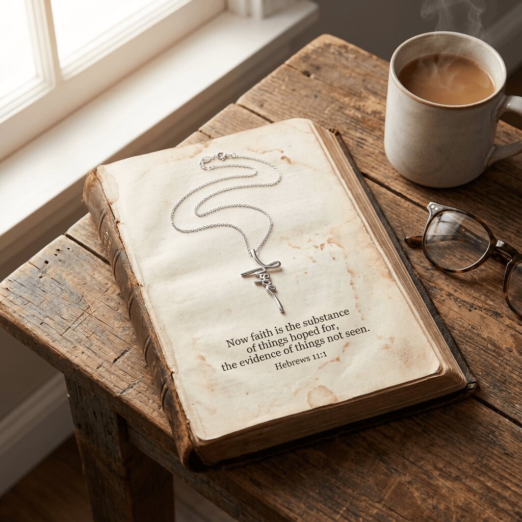 Open bible with a silvercross necklace with the word "Hope" on top, a cup of coffee, and glasses on a wooden surface.