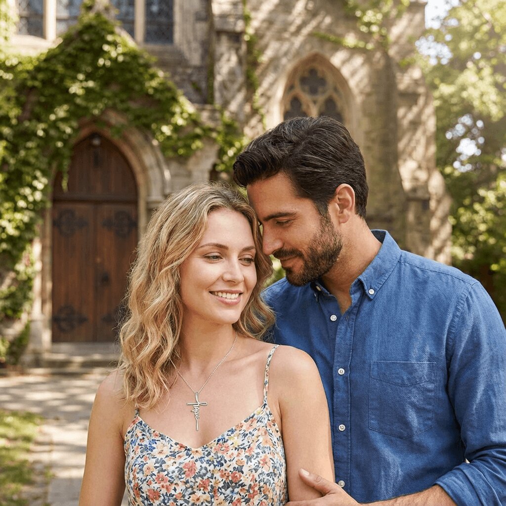 Couple standing in front of a church with greenery, woman wearing a silver necklace featuring the word 'hope'.