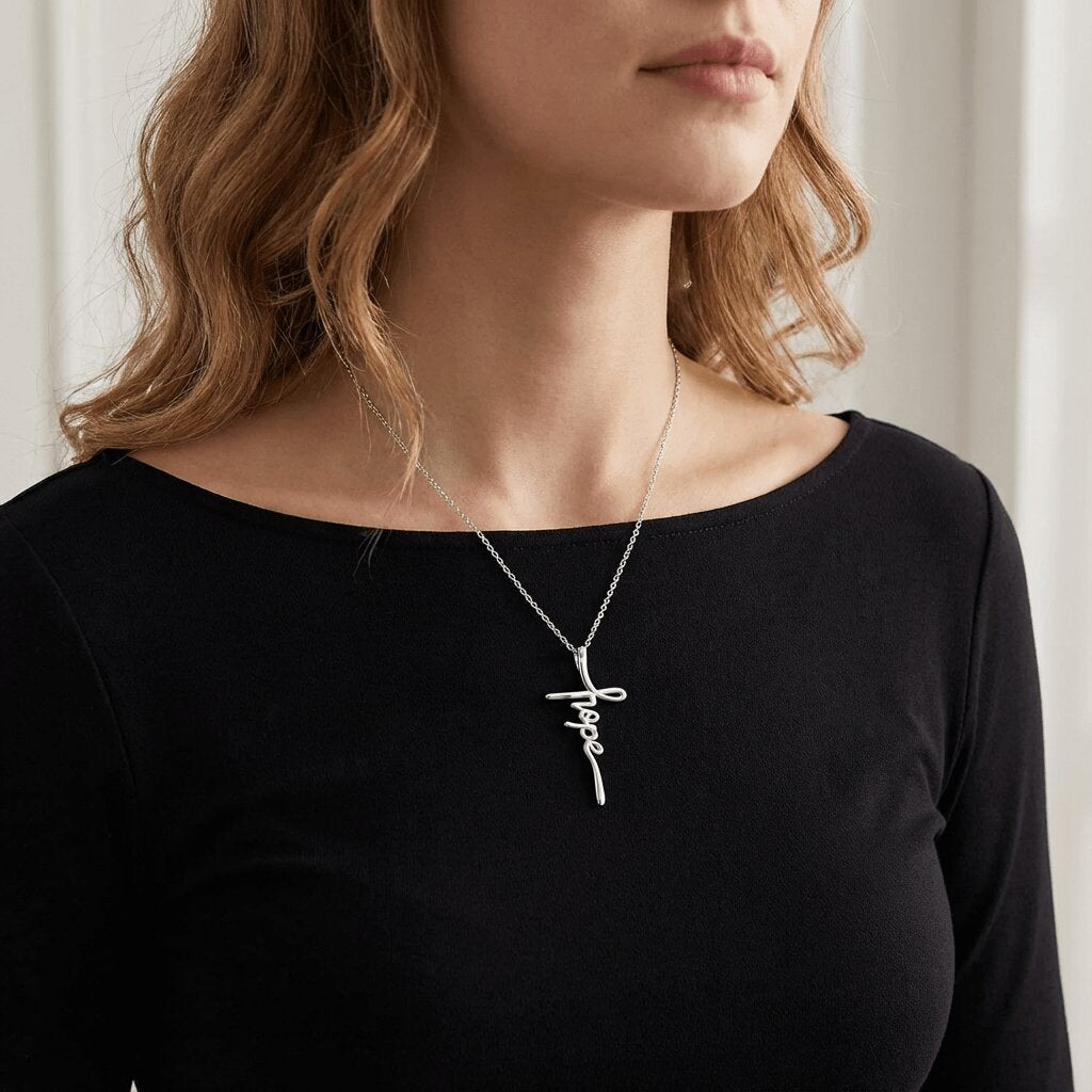 Person wearing a black top with a silver necklace featuring the word 'hope'.