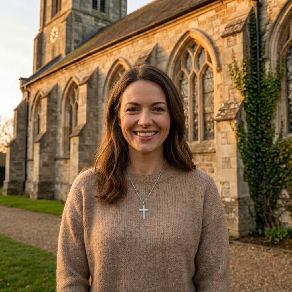 Woman standing in front of a stone church with a cross necklace