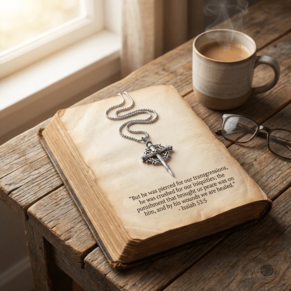 Open bible with a silver cross necklace, cup of coffee, and glasses on a wooden surface near a window.