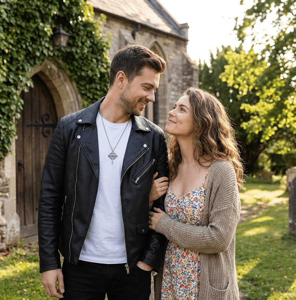 Couple standing in a garden with a church in the background, man wearing The Passion Cross | Sterling Silver Christian Necklace