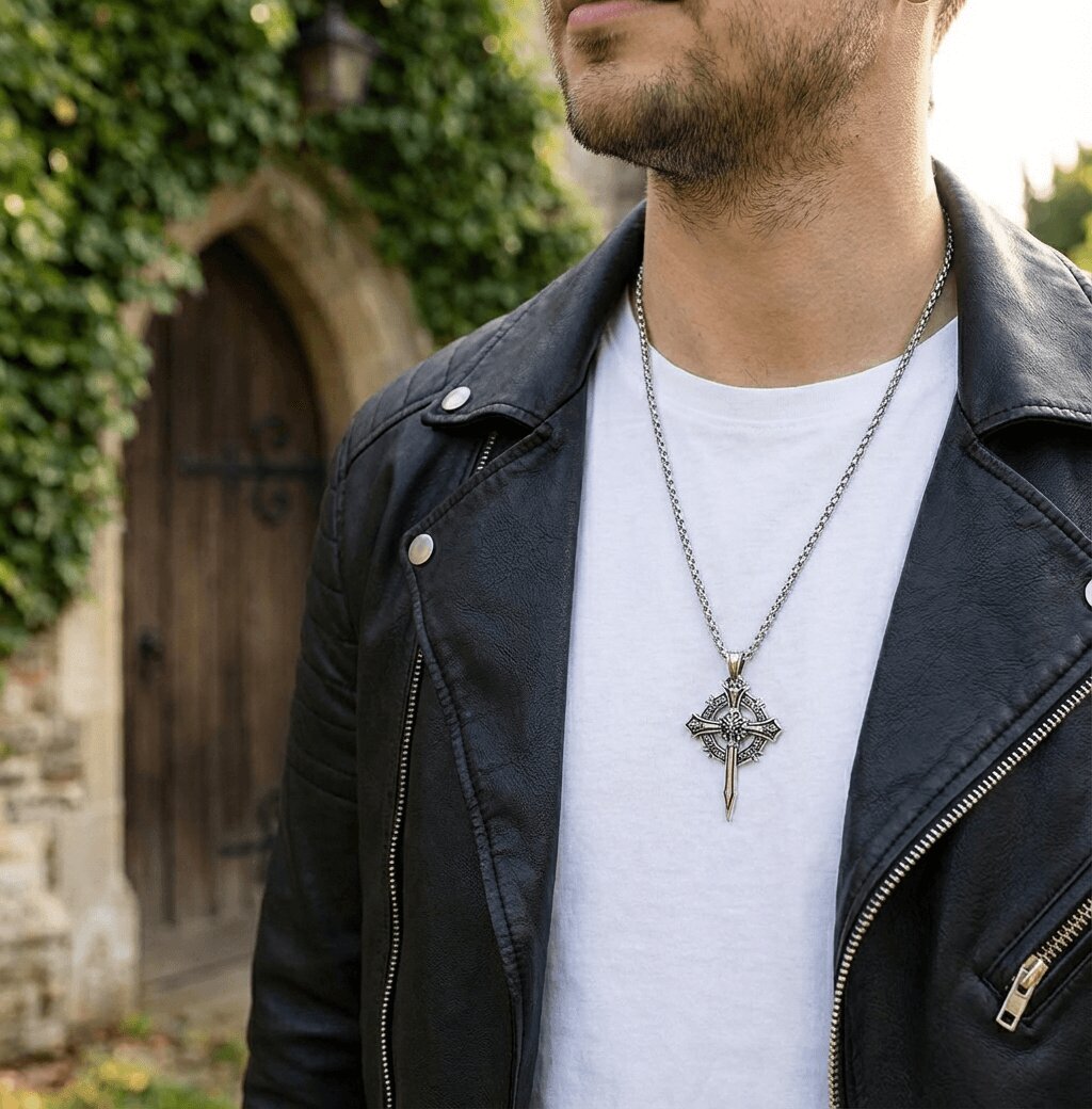 Man wearing a black leather jacket and white shirt with a necklace featuring a cross pendant, standing outdoors.