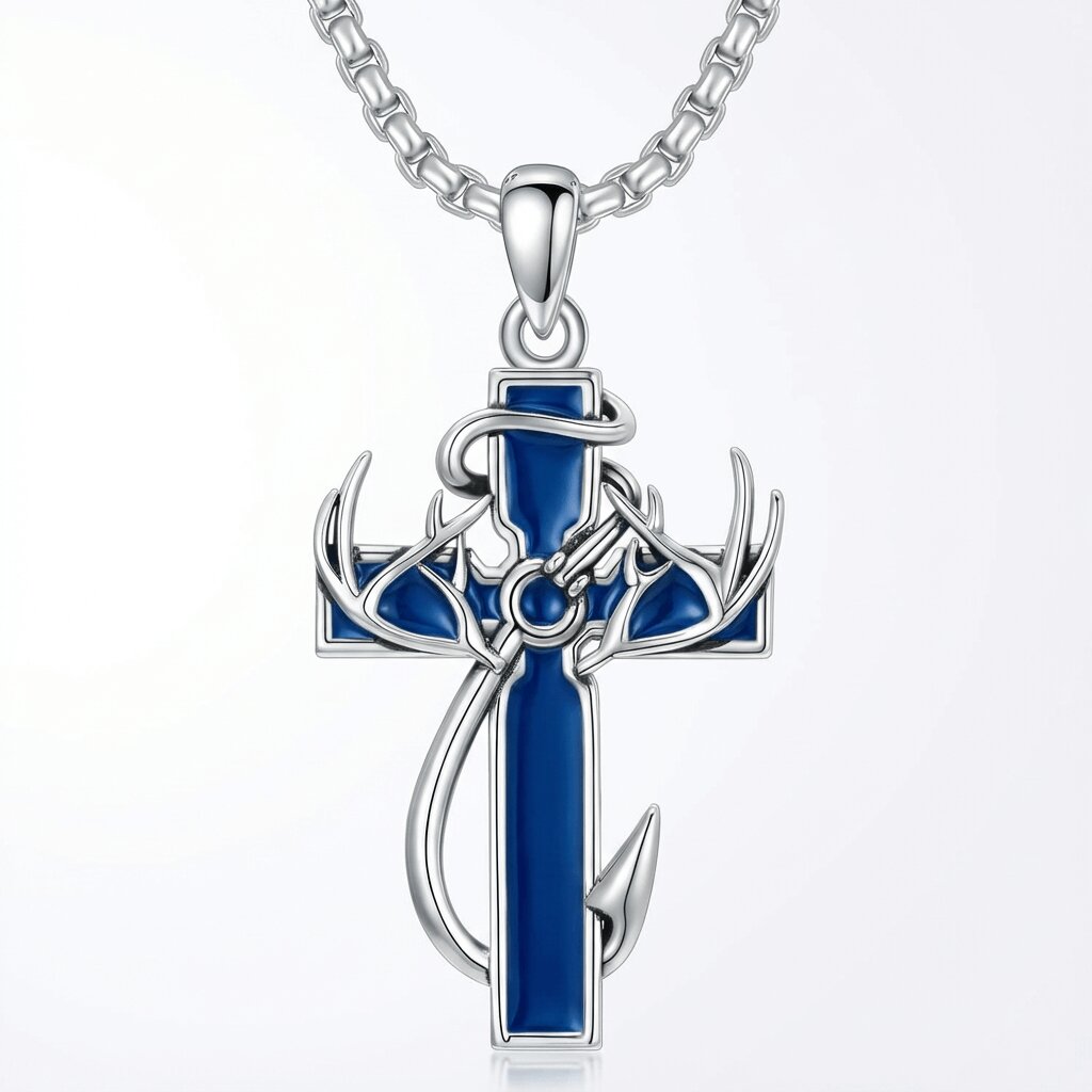 Fisher of Men Sterling Silver Cross Necklace with Antler and Fishhook Design - Christian Gift for Men