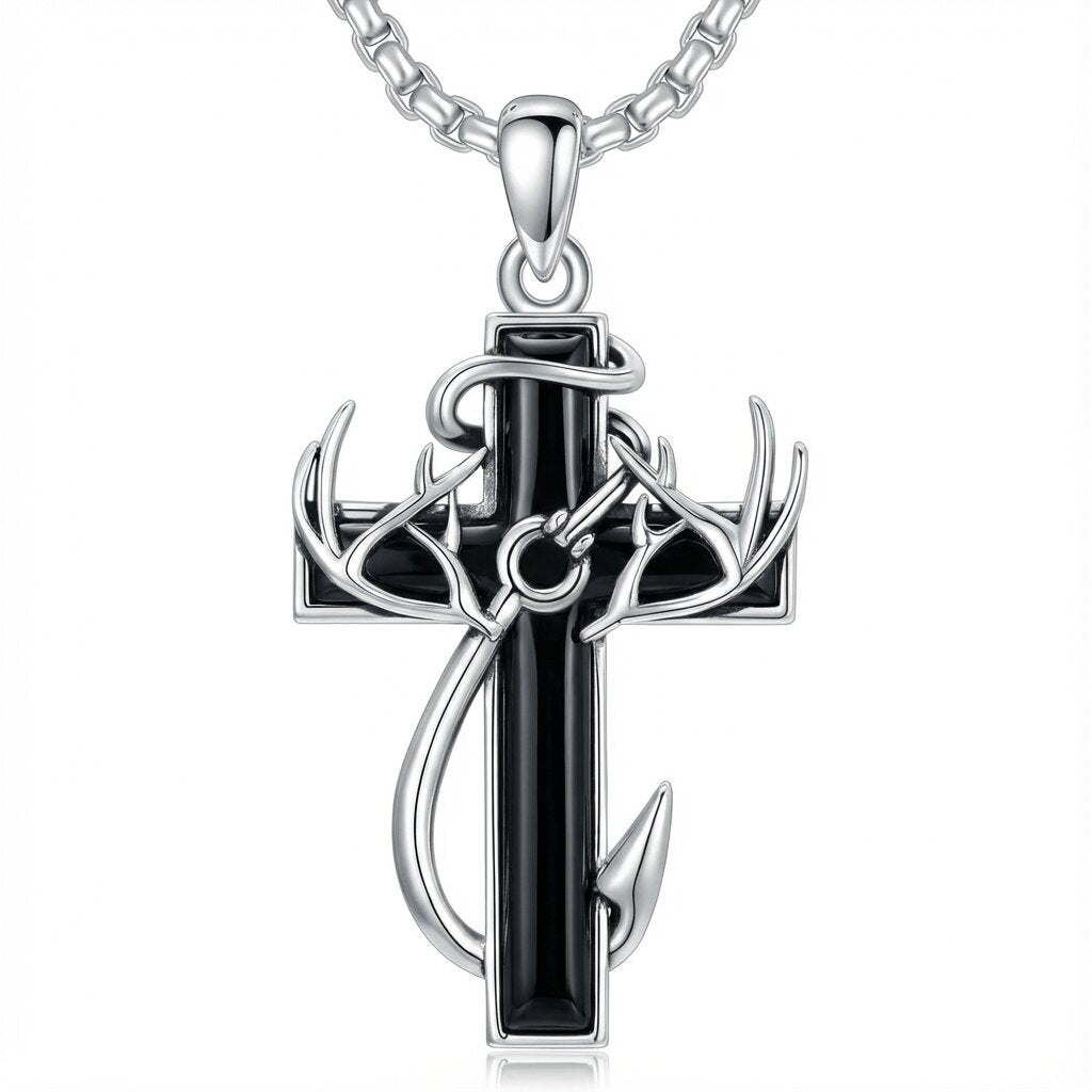 Fisher of Men Sterling Silver Cross Necklace with Antler and Fishhook Design - Christian Gift for Men