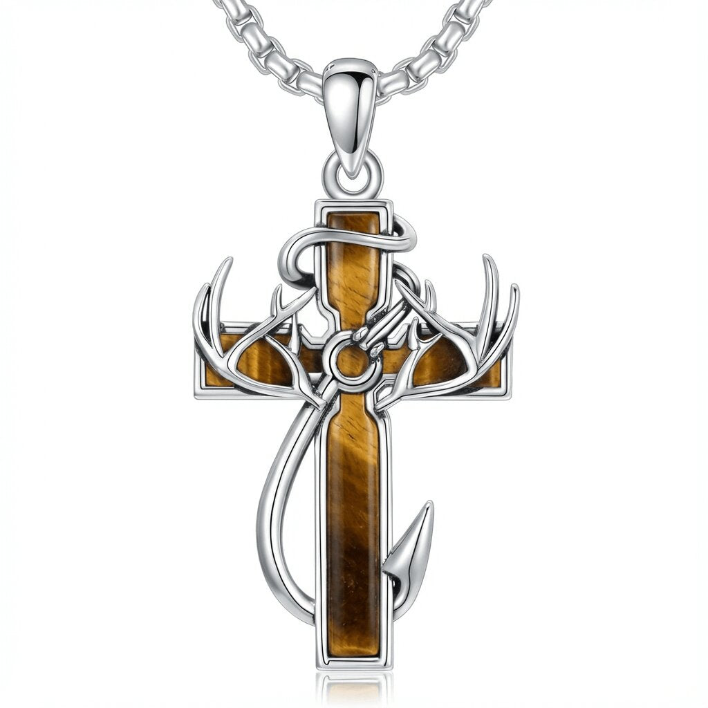 Fisher of Men Sterling Silver Cross Necklace with Antler and Fishhook Design - Christian Gift for Men